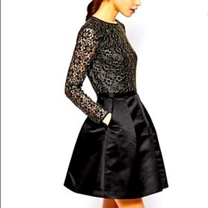 TED BAKER FREEYA GOLD LACE DETAILED AND BLACK POOFY LAYERED DRESS SZ 10/12 US